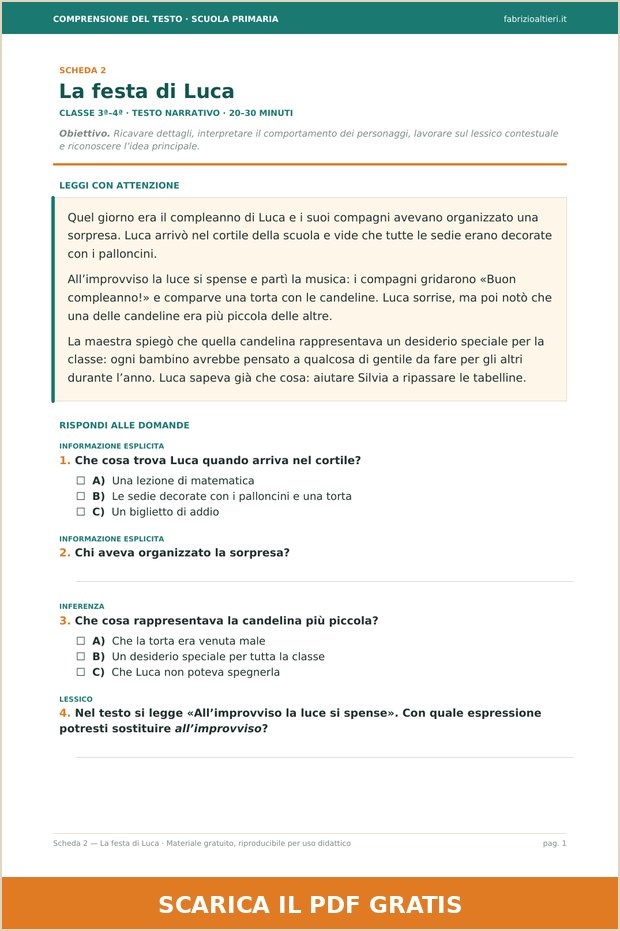Scheda 2 di comprensione del testo per terza e quarta elementare: La festa di Luca