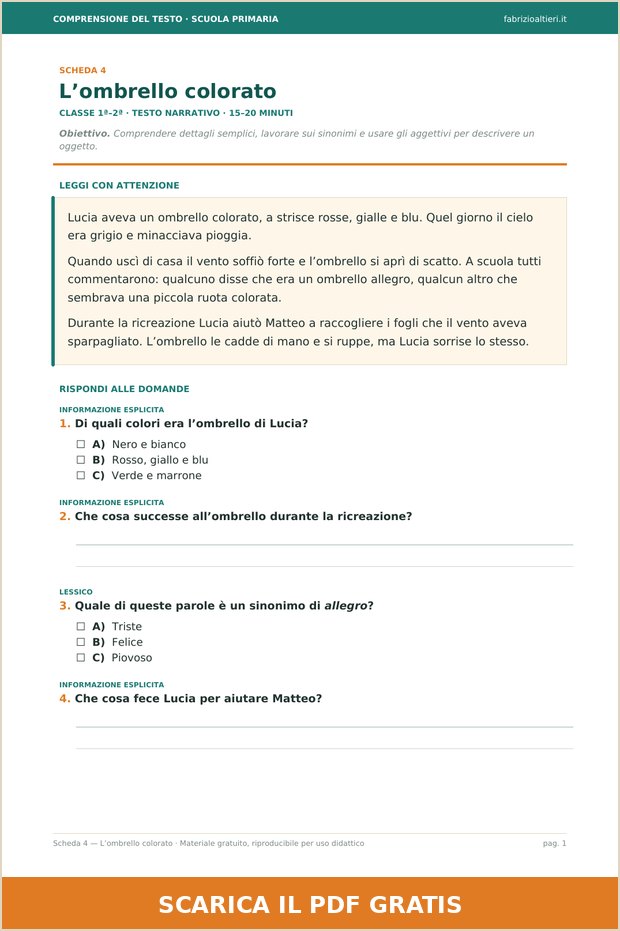 Scheda 4 di comprensione del testo per prima e seconda elementare: L'ombrello colorato