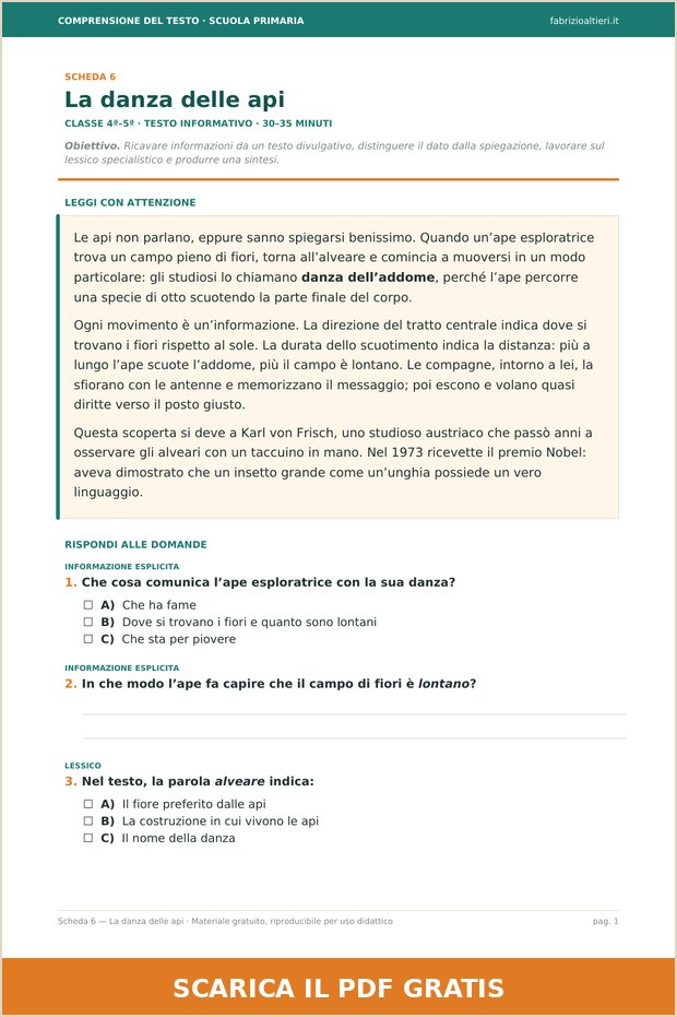 Scheda 6 di comprensione del testo informativo per quarta e quinta elementare: La danza delle api