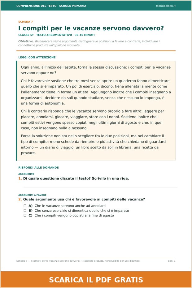 Scheda 7 di comprensione del testo argomentativo per la quinta elementare: i compiti per le vacanze