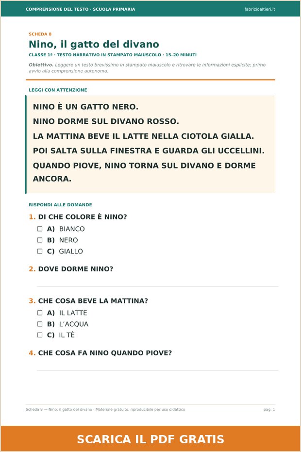 Scheda 8 di comprensione del testo per la classe prima: Nino il gatto del divano, testo in stampato maiuscolo
