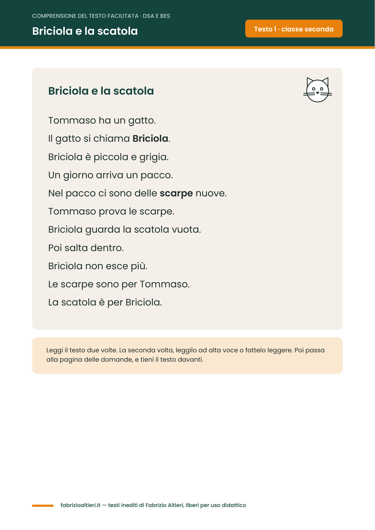 Comprensione del testo facilitata per DSA da stampare: testo in carattere grande con una frase per riga, Briciola e la scatola