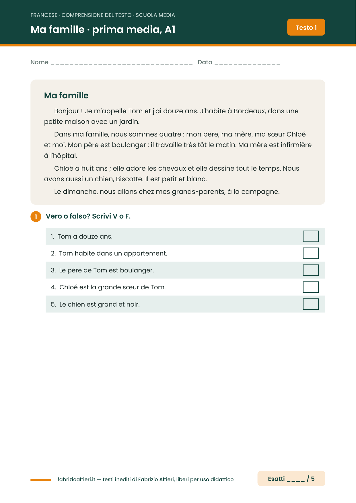Comprensione del testo in francese PDF con soluzioni: testo A1 Ma famille per la prima media