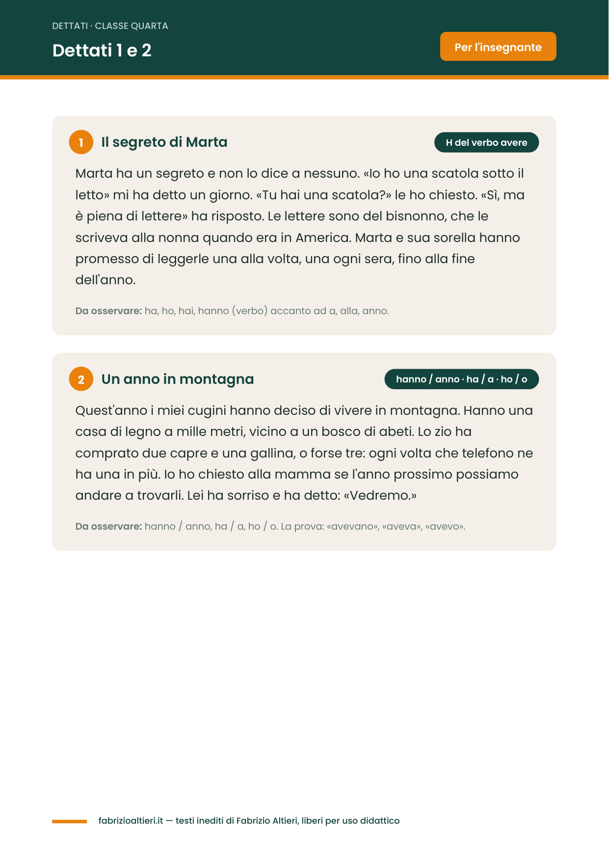 Dettati per la classe quarta elementare in PDF: dettato ortografico con la difficoltà indicata
