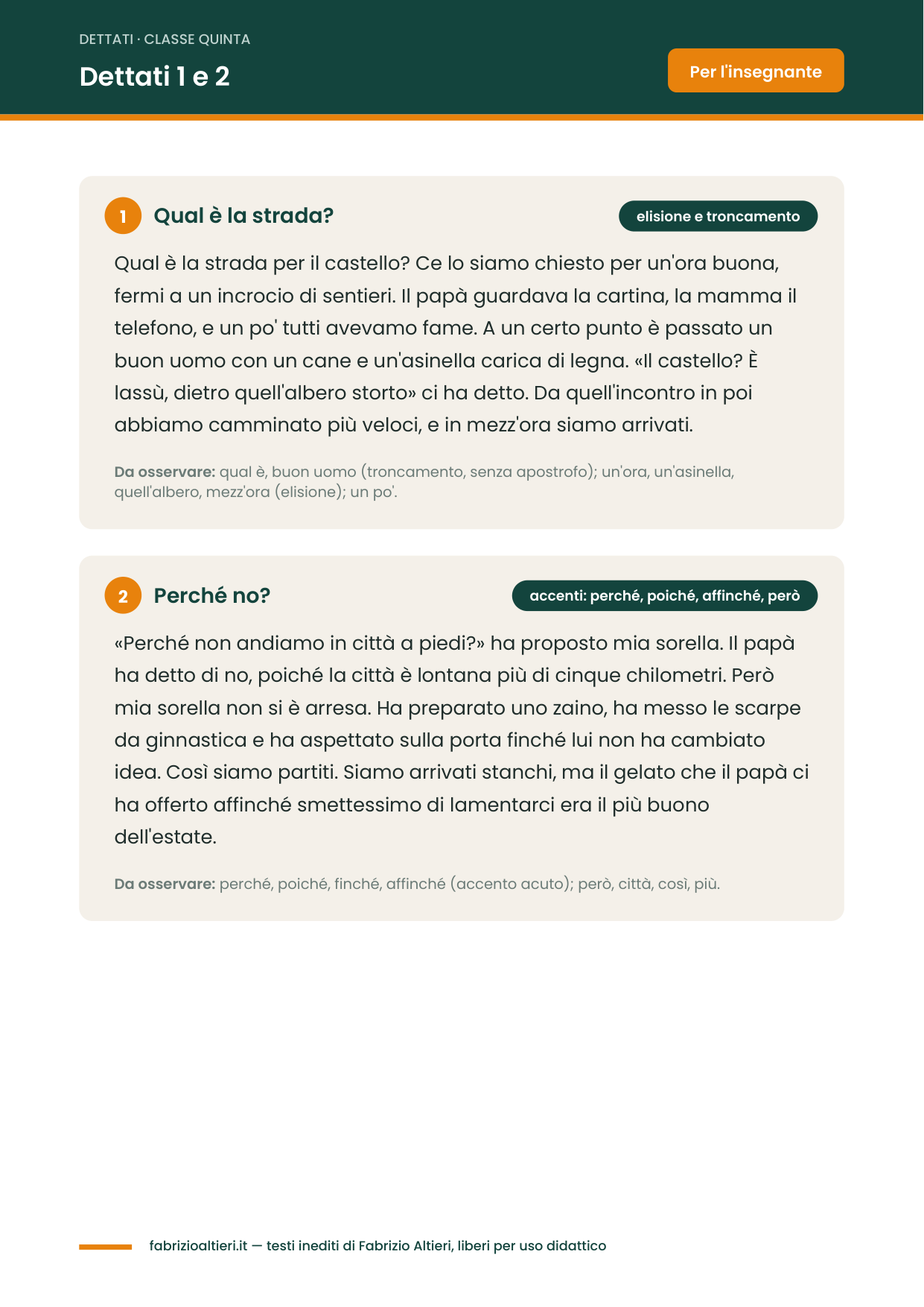 Dettati ortografici per la classe quinta elementare in PDF con griglia di correzione