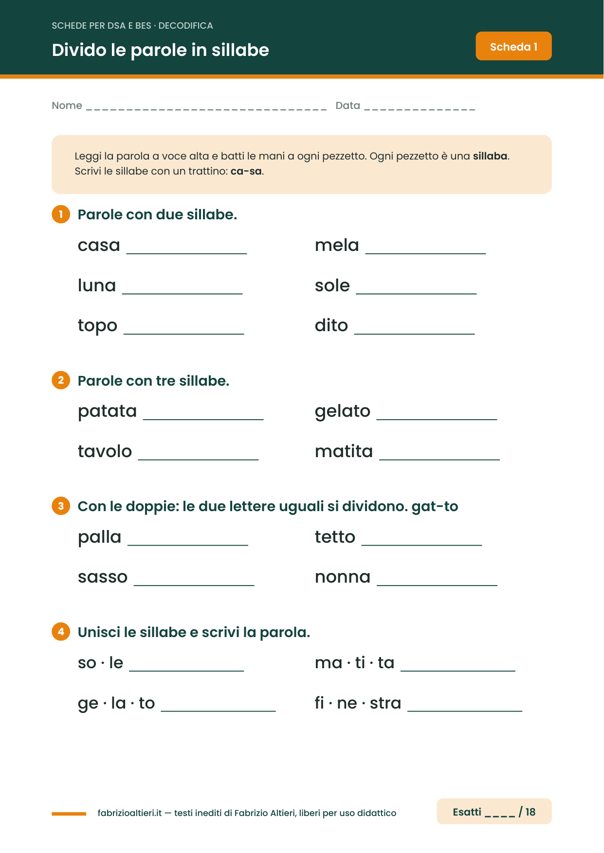 Esercizi per dislessia da stampare: dividere le parole in sillabe