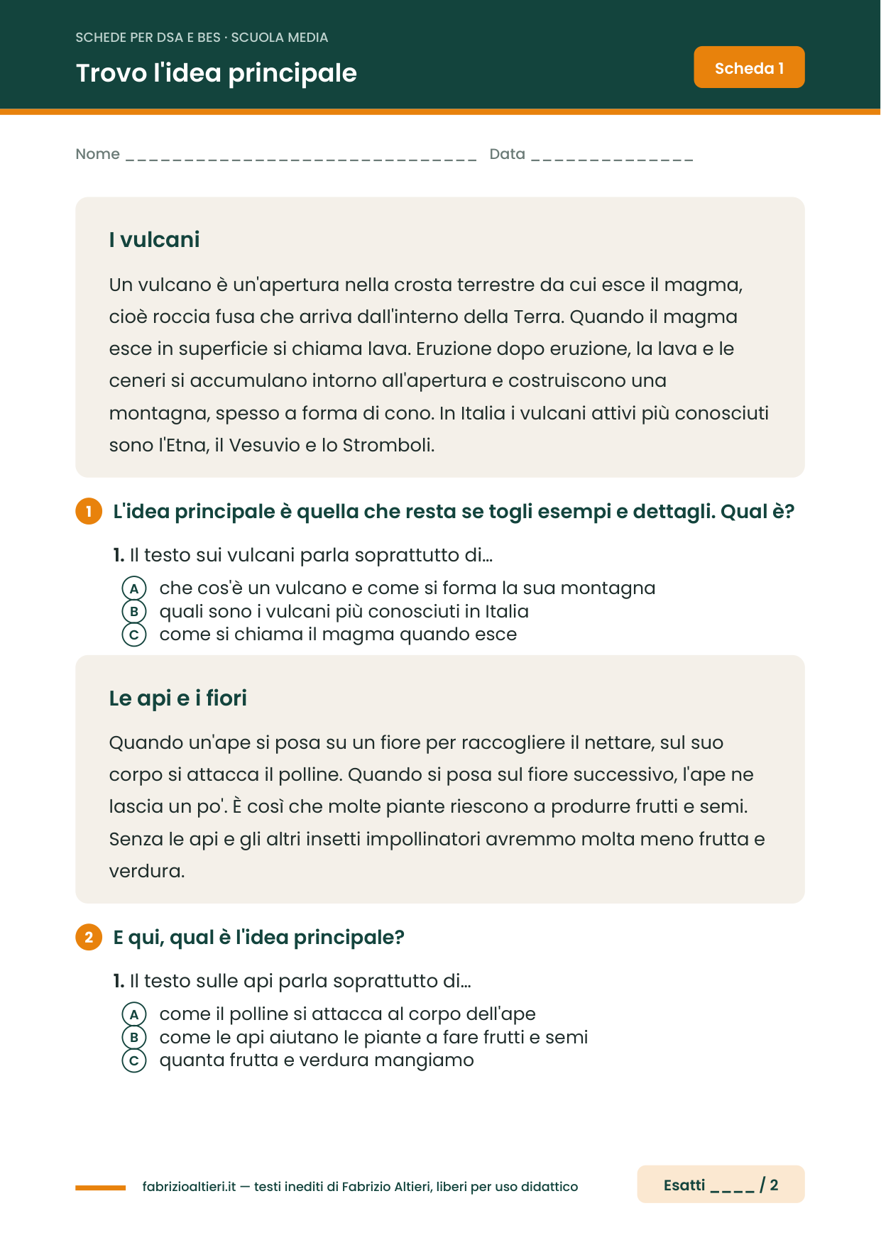 Esercizi per DSA scuola media: trovare l'idea principale di un testo