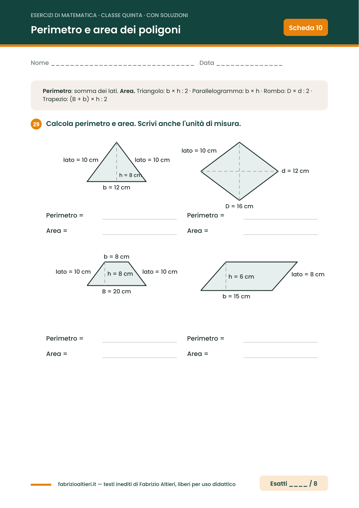 Esercizi di matematica quinta elementare con soluzioni: perimetro e area di triangolo, rombo, trapezio e parallelogramma