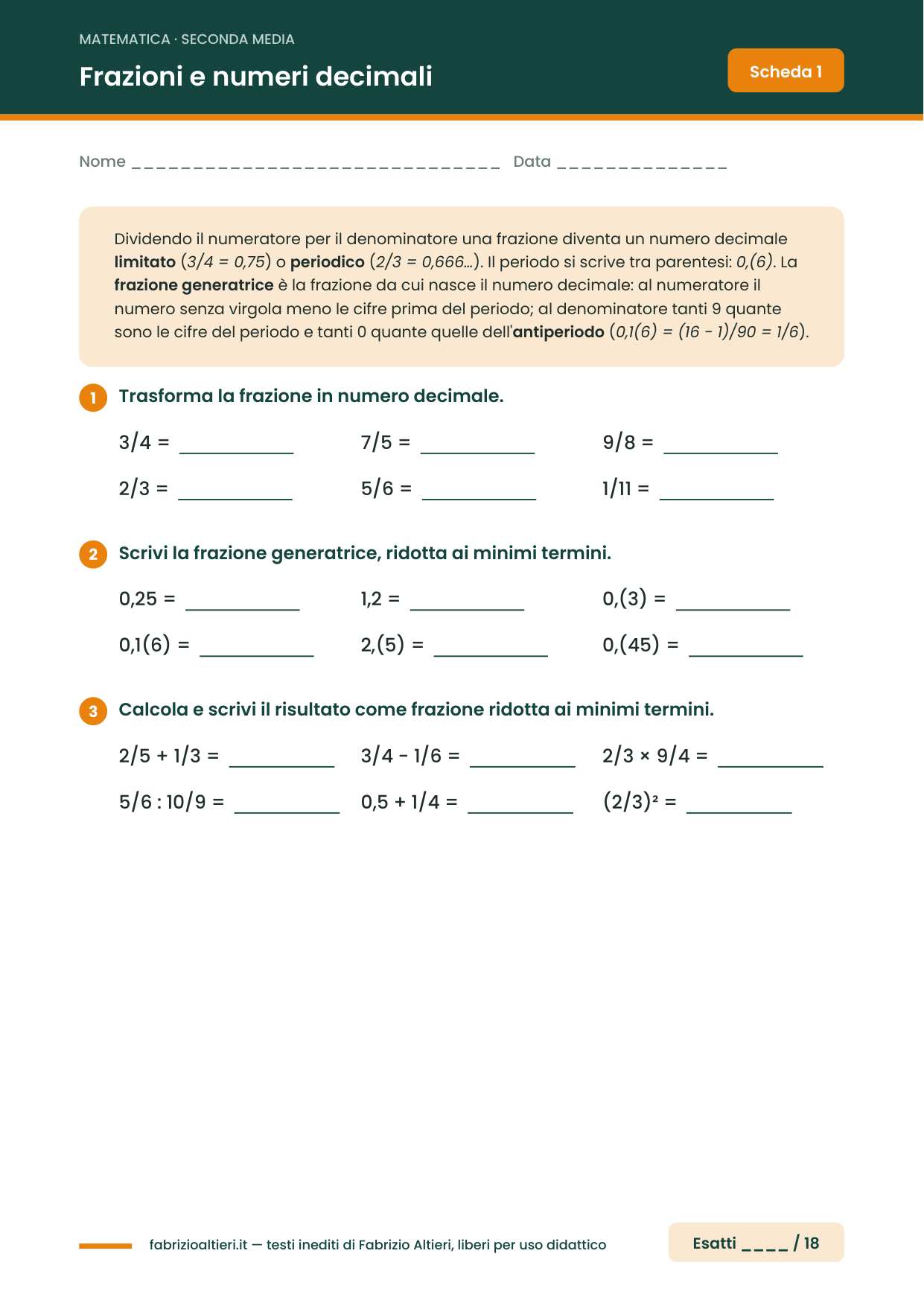 Esercizi di matematica seconda media PDF con soluzioni: frazioni e numeri decimali, frazione generatrice