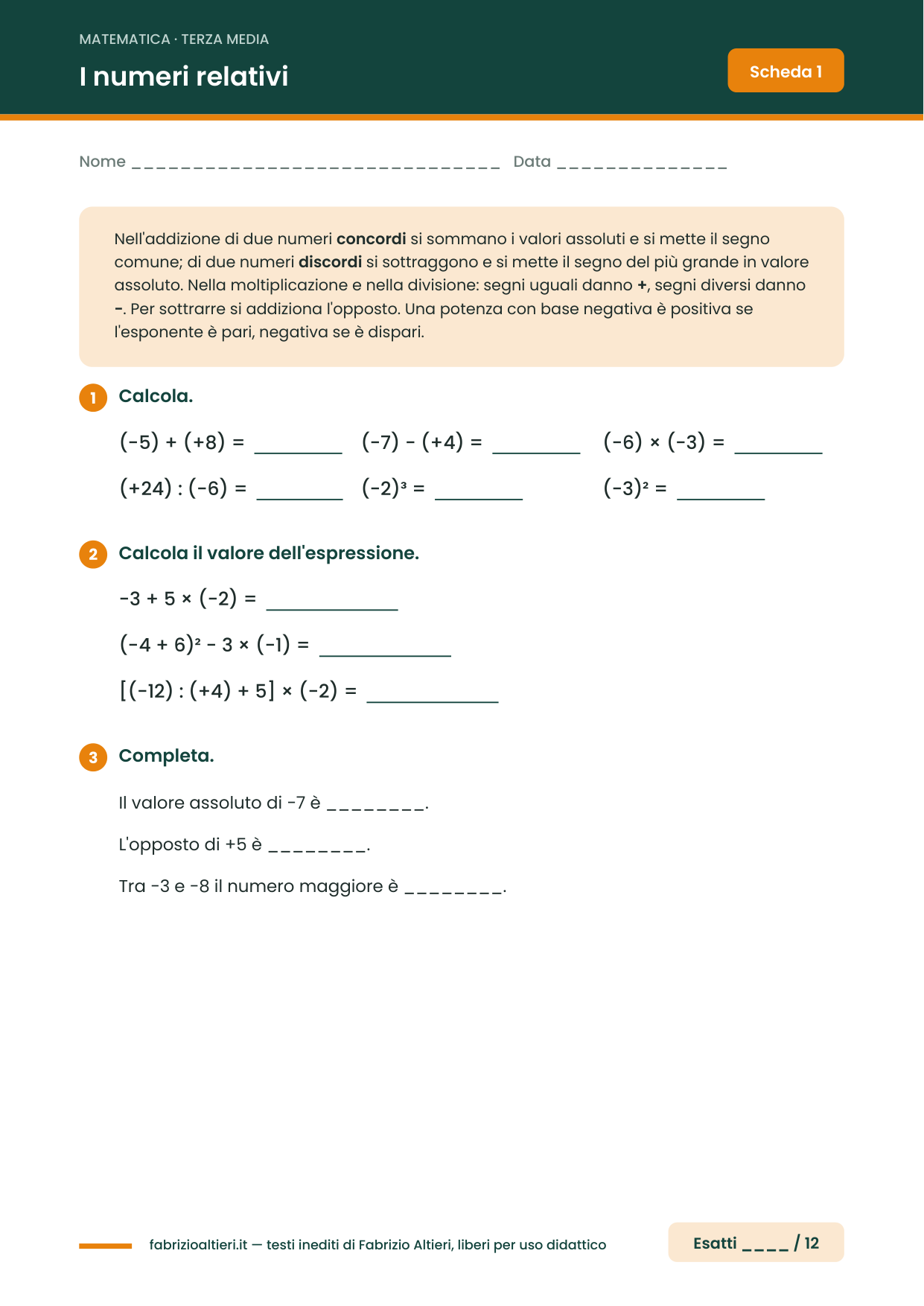Esercizi di matematica terza media PDF con soluzioni: i numeri relativi