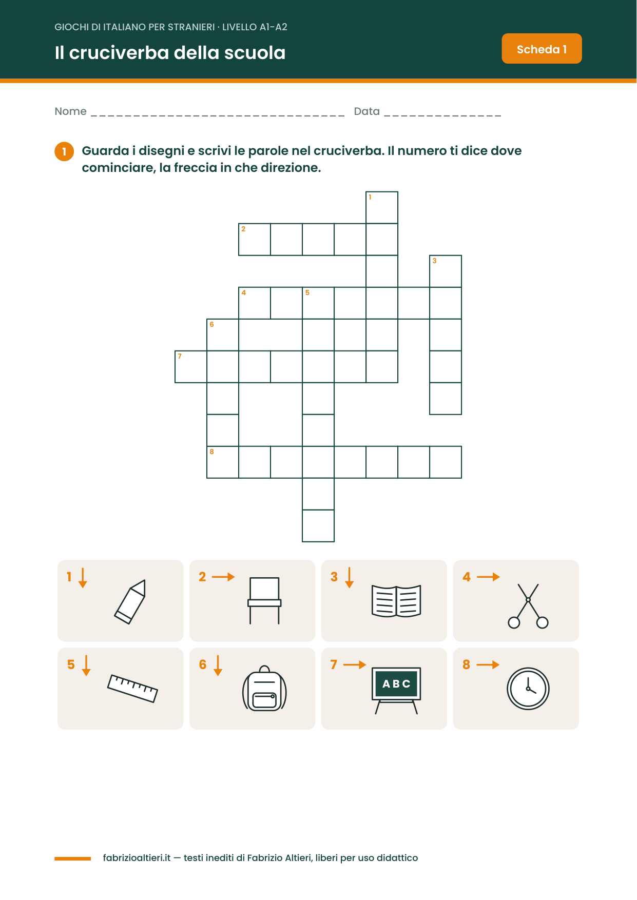 Giochi di italiano per stranieri in PDF: cruciverba della scuola con i disegni