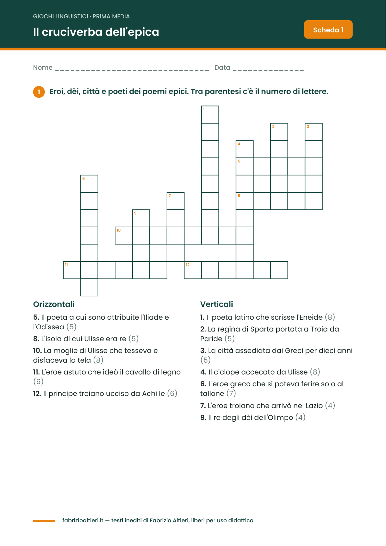 Giochi linguistici per la scuola media in PDF: cruciverba dell'epica con Ulisse, Achille, Enea