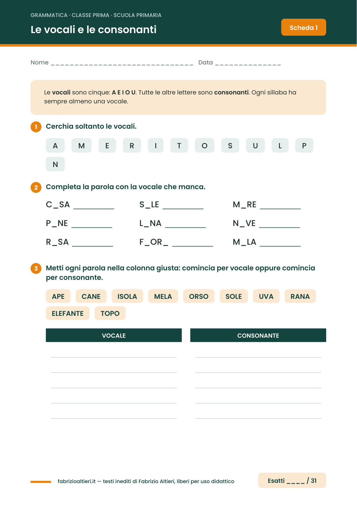 Schede di grammatica classe prima elementare da stampare in PDF: le vocali e le consonanti in stampato maiuscolo