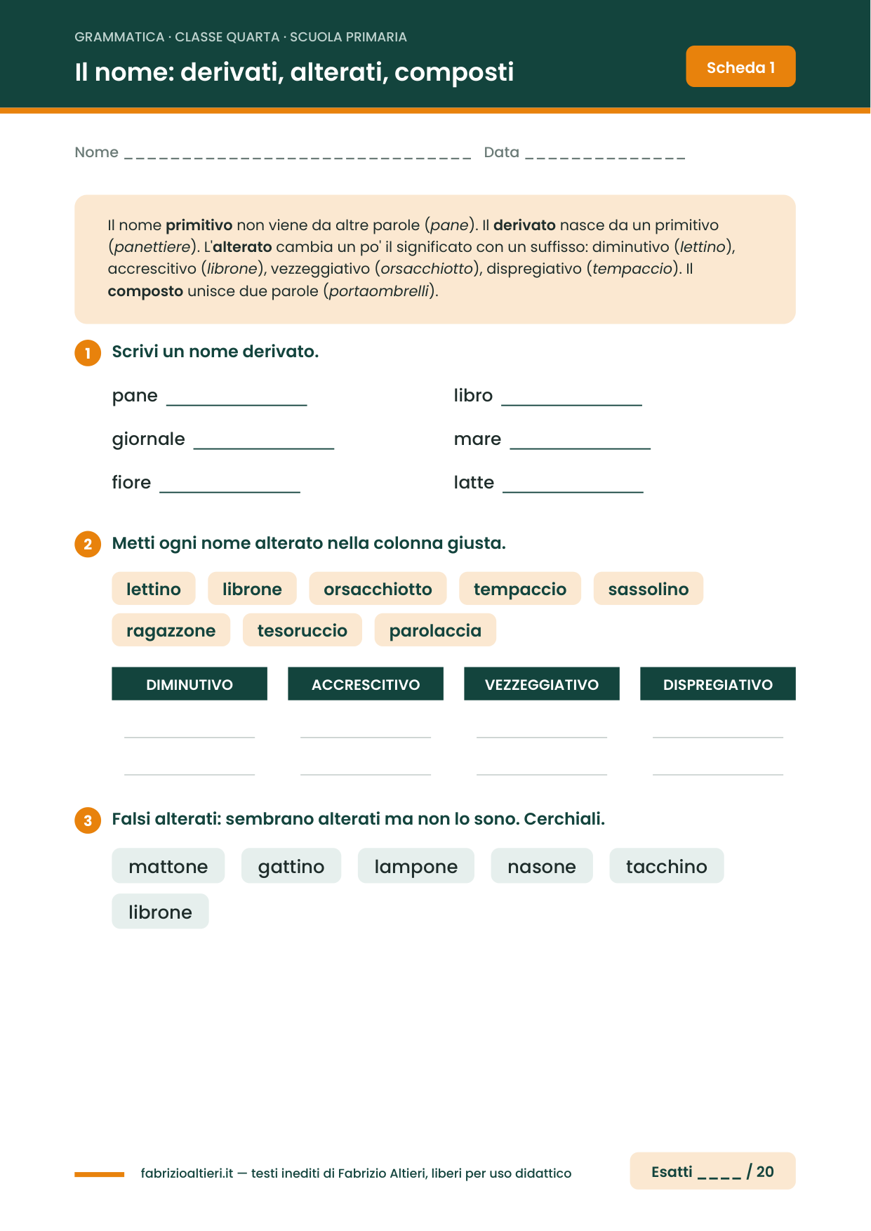 Schede di grammatica per la classe quarta elementare in PDF: nomi derivati e alterati