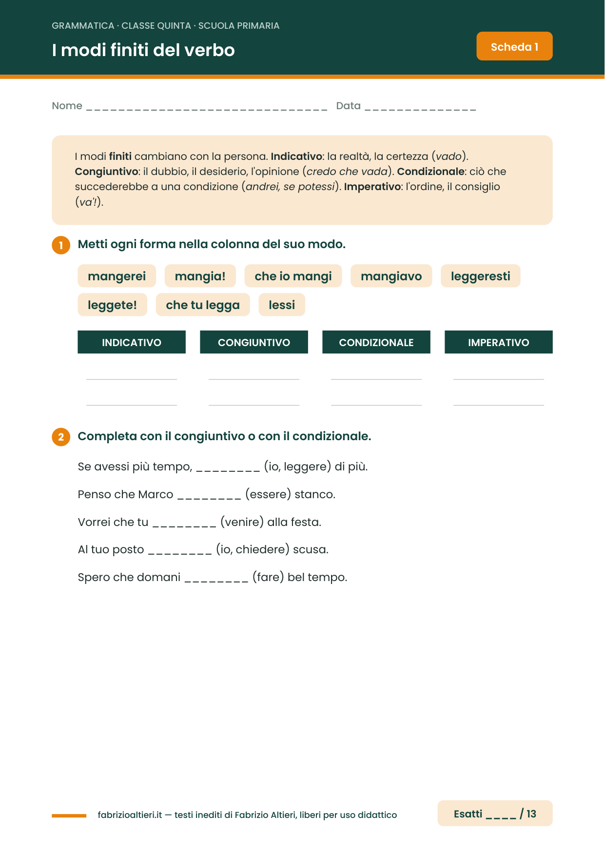 Scheda di grammatica classe quinta da stampare: i modi finiti del verbo, indicativo, congiuntivo, condizionale e imperativo