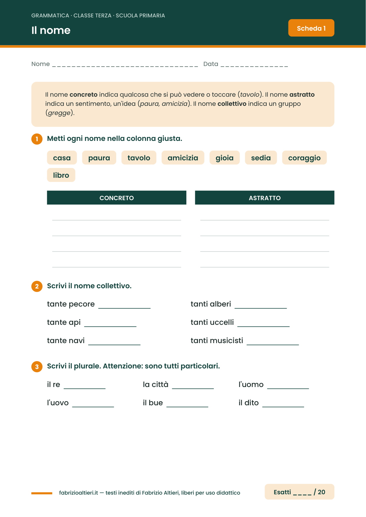 Scheda di grammatica classe terza da stampare: nomi concreti e astratti da smistare in due colonne, nomi collettivi e plurali particolari