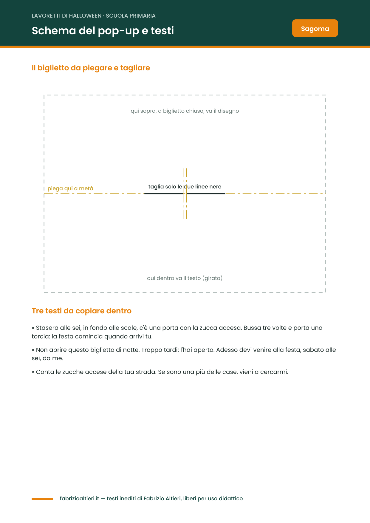 Schema del biglietto pop-up di Halloween con le linee da tagliare e da piegare
