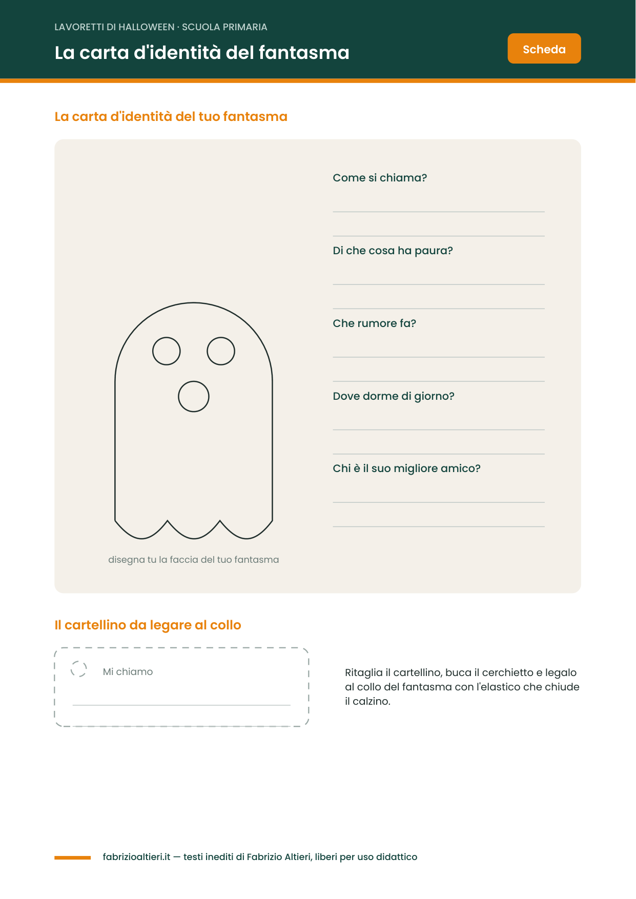 Carta d'identità del fantasma da compilare, scheda di Halloween per la classe prima e seconda