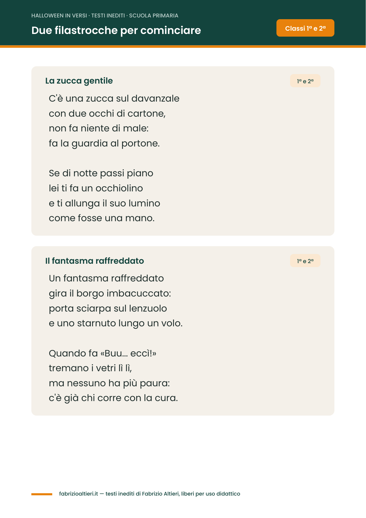 Poesie e filastrocche di Halloween da stampare, pagina con due filastrocche in rima per la classe prima e seconda
