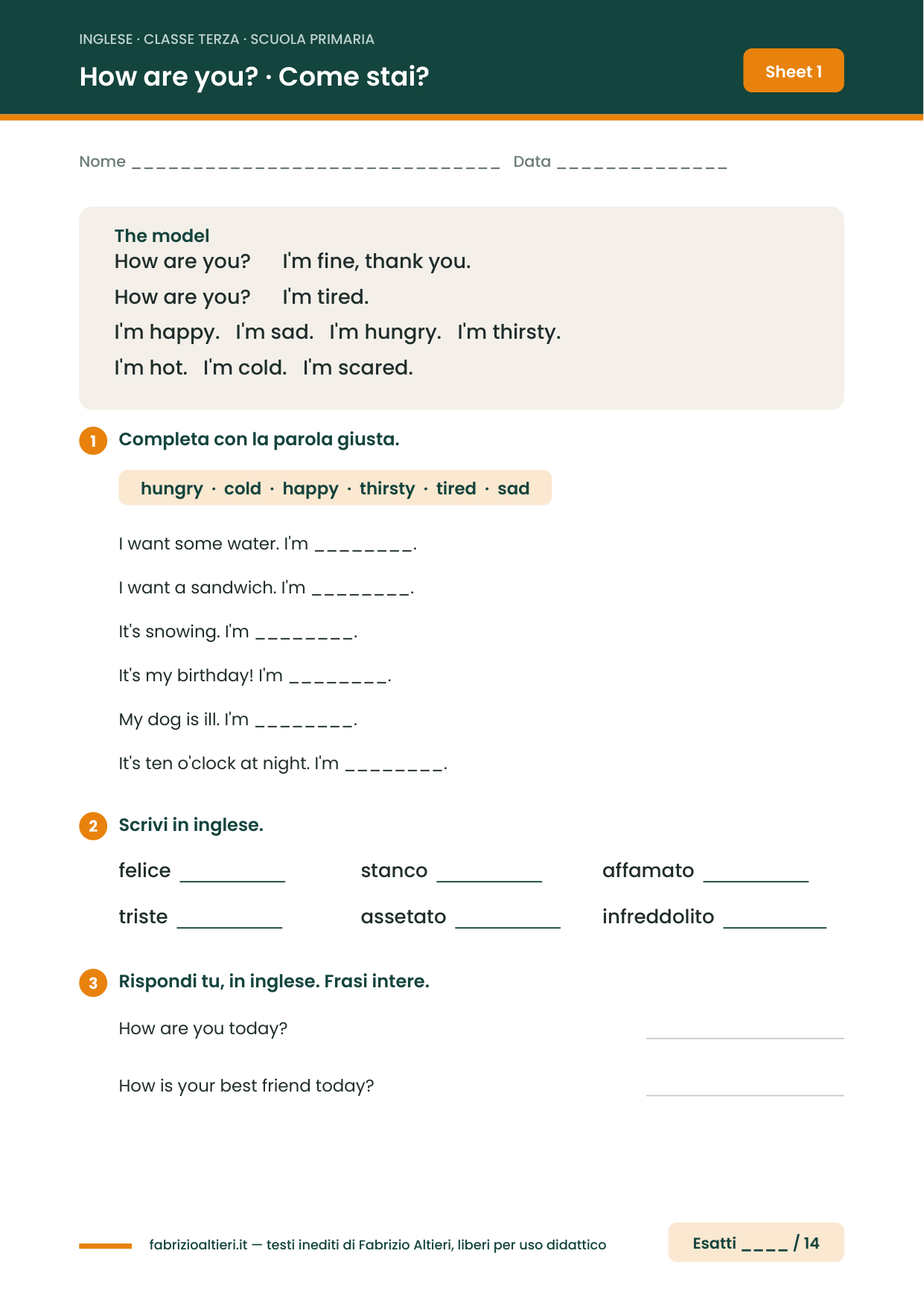 Schede di inglese classe terza elementare da stampare: How are you, i modi di dire come stai in inglese