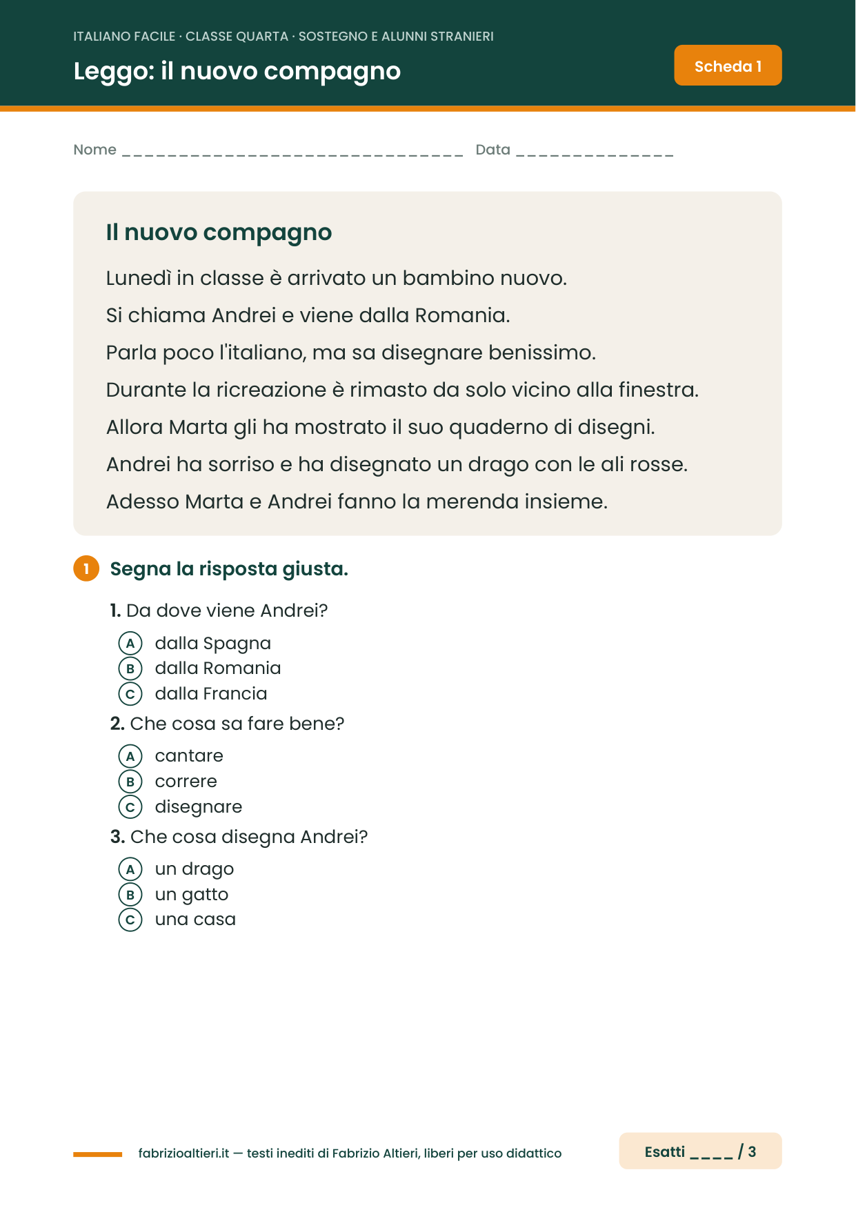 Italiano facile per il sostegno classe quarta: il racconto Il nuovo compagno con domande di comprensione