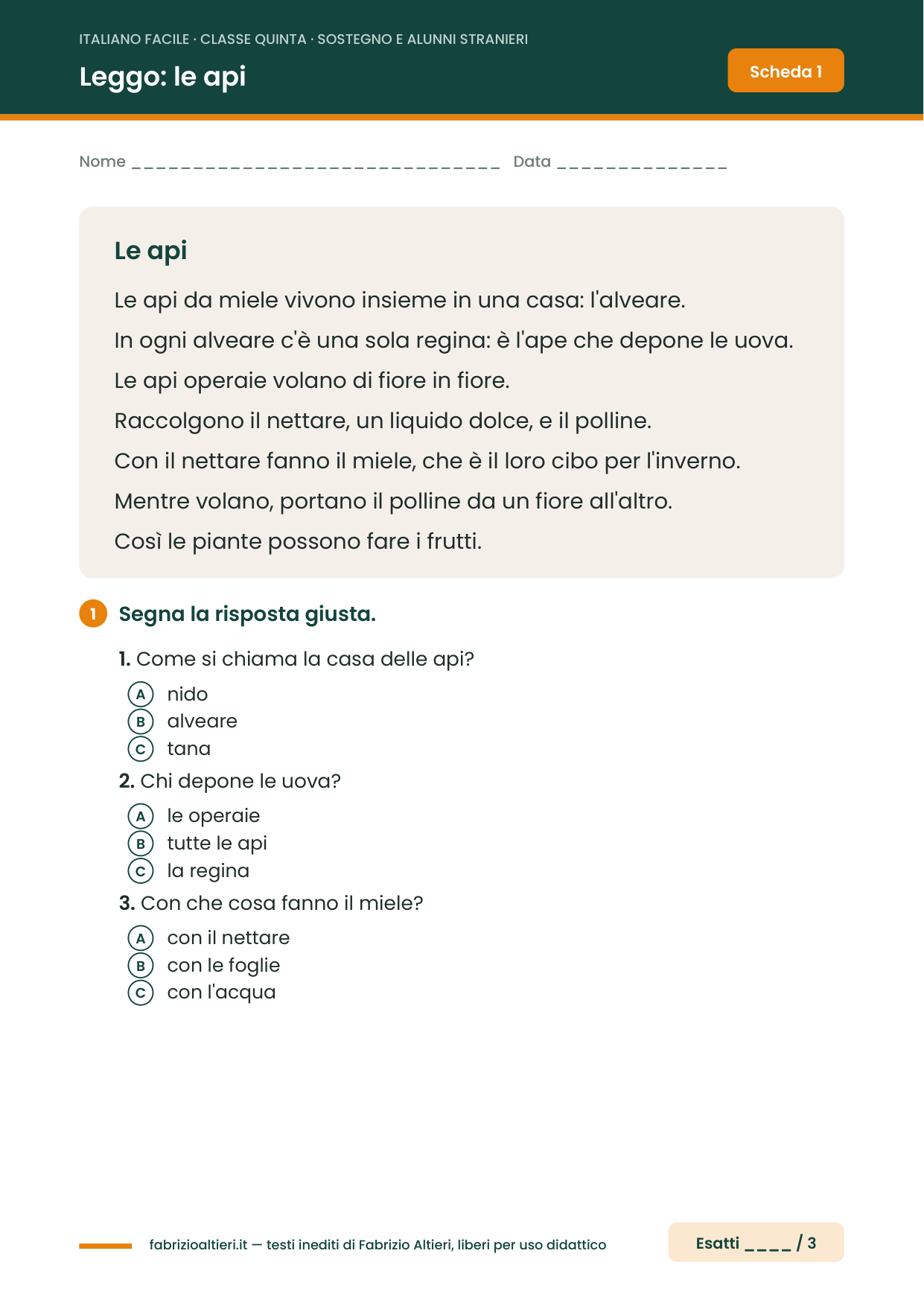 Italiano facile per il sostegno classe quinta: testo informativo Le api con domande