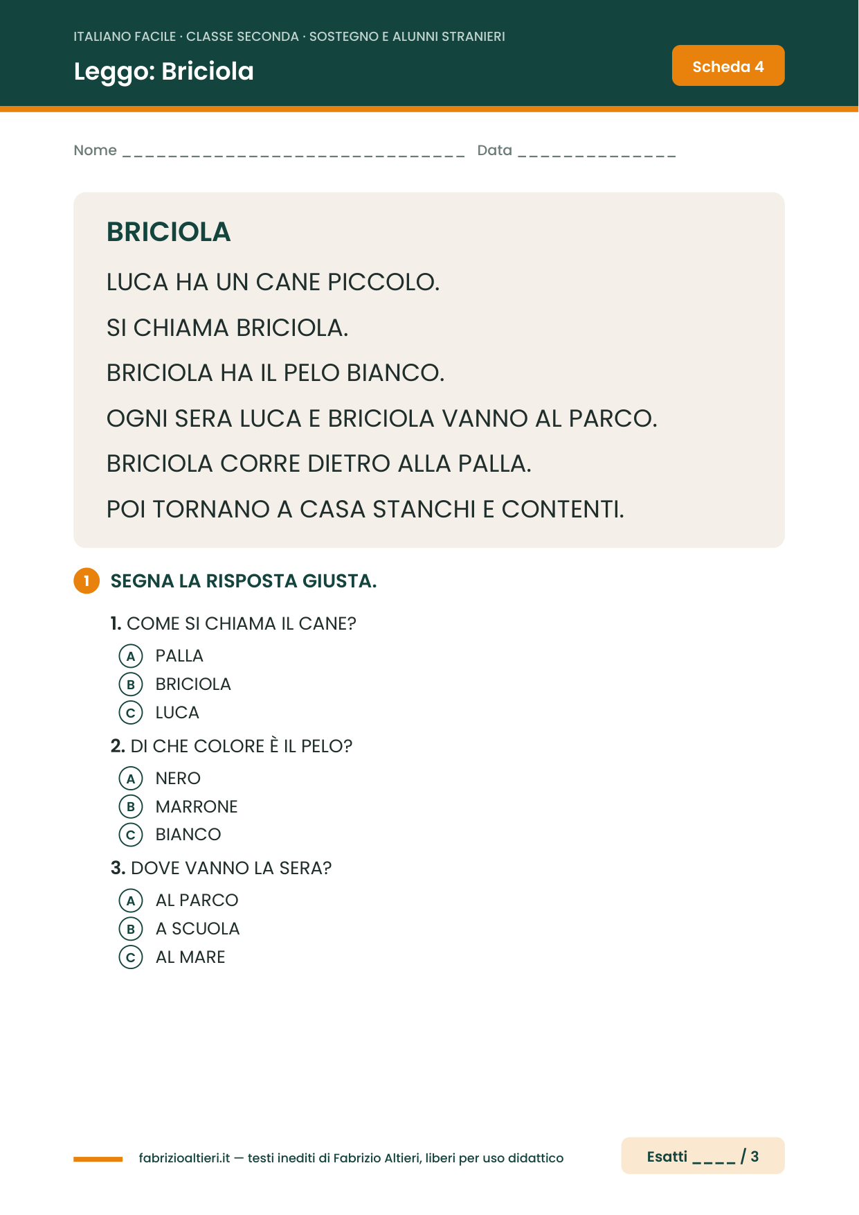 Italiano facile per il sostegno classe seconda: lettura in stampato maiuscolo Briciola con domande