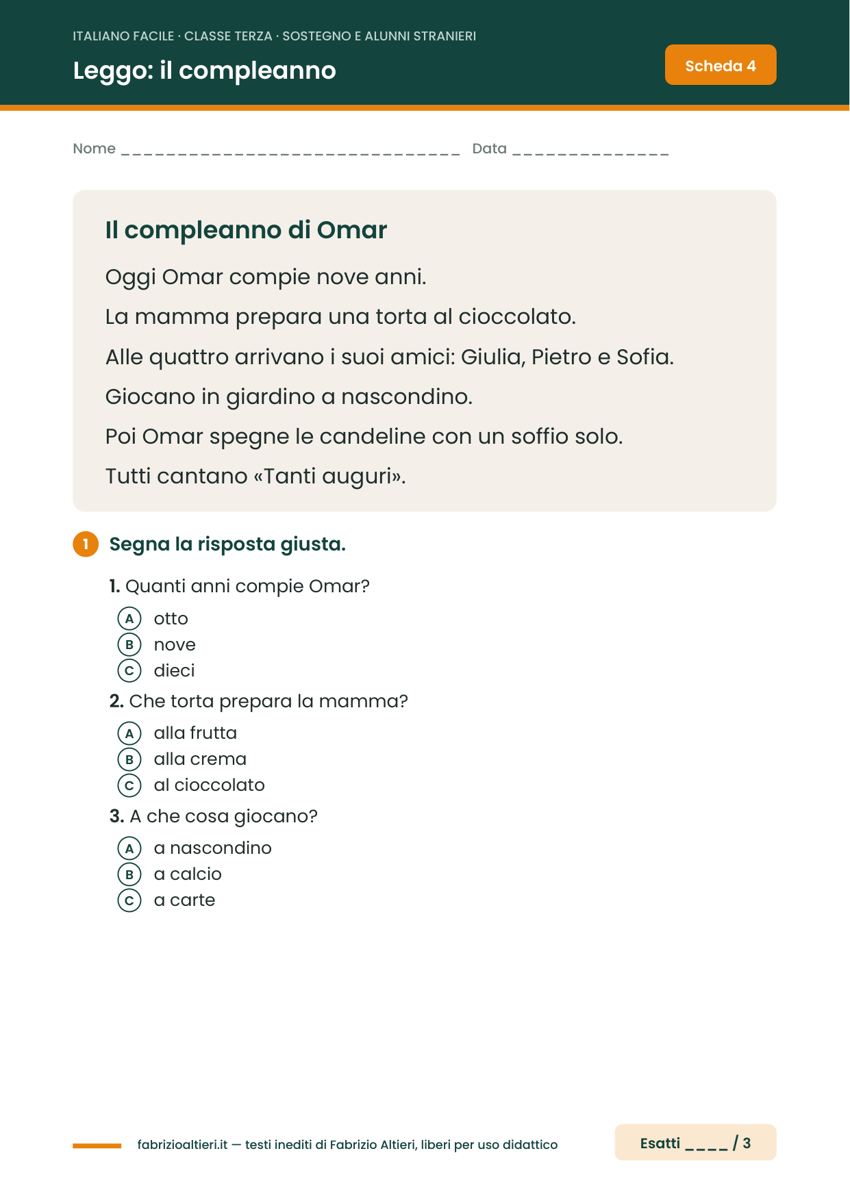 Italiano facile per il sostegno classe terza: lettura Il compleanno di Omar con domande a scelta multipla