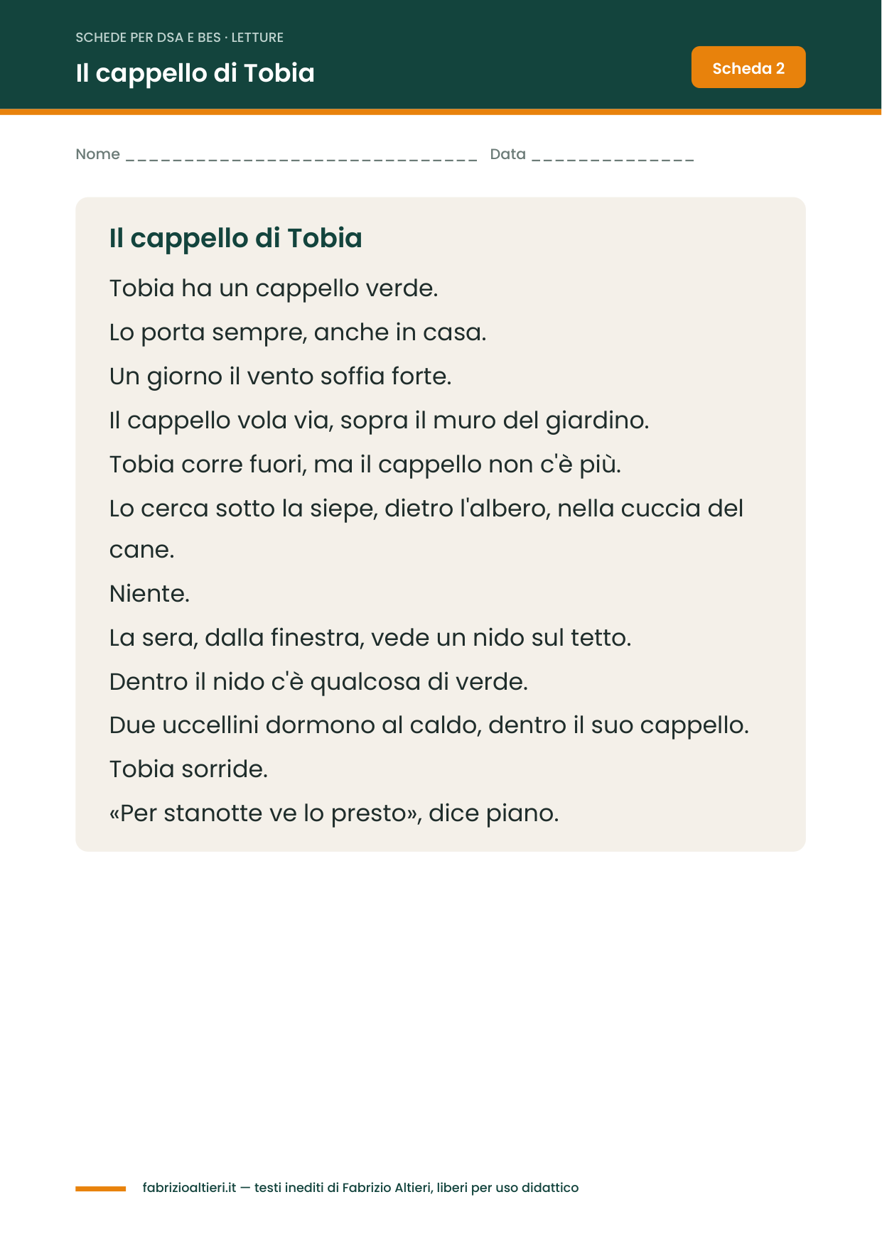 Letture per dislessici da stampare in PDF: racconto ad alta leggibilità con una frase per riga