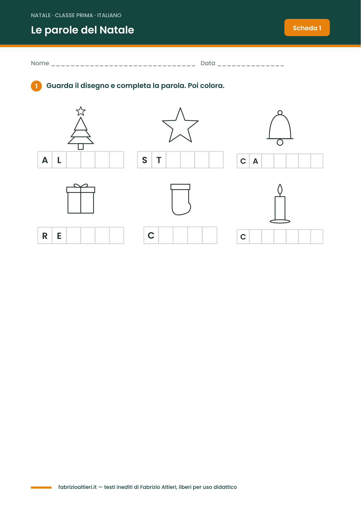 Schede didattiche di Natale classe prima, italiano: completa le parole del Natale con le caselle delle lettere
