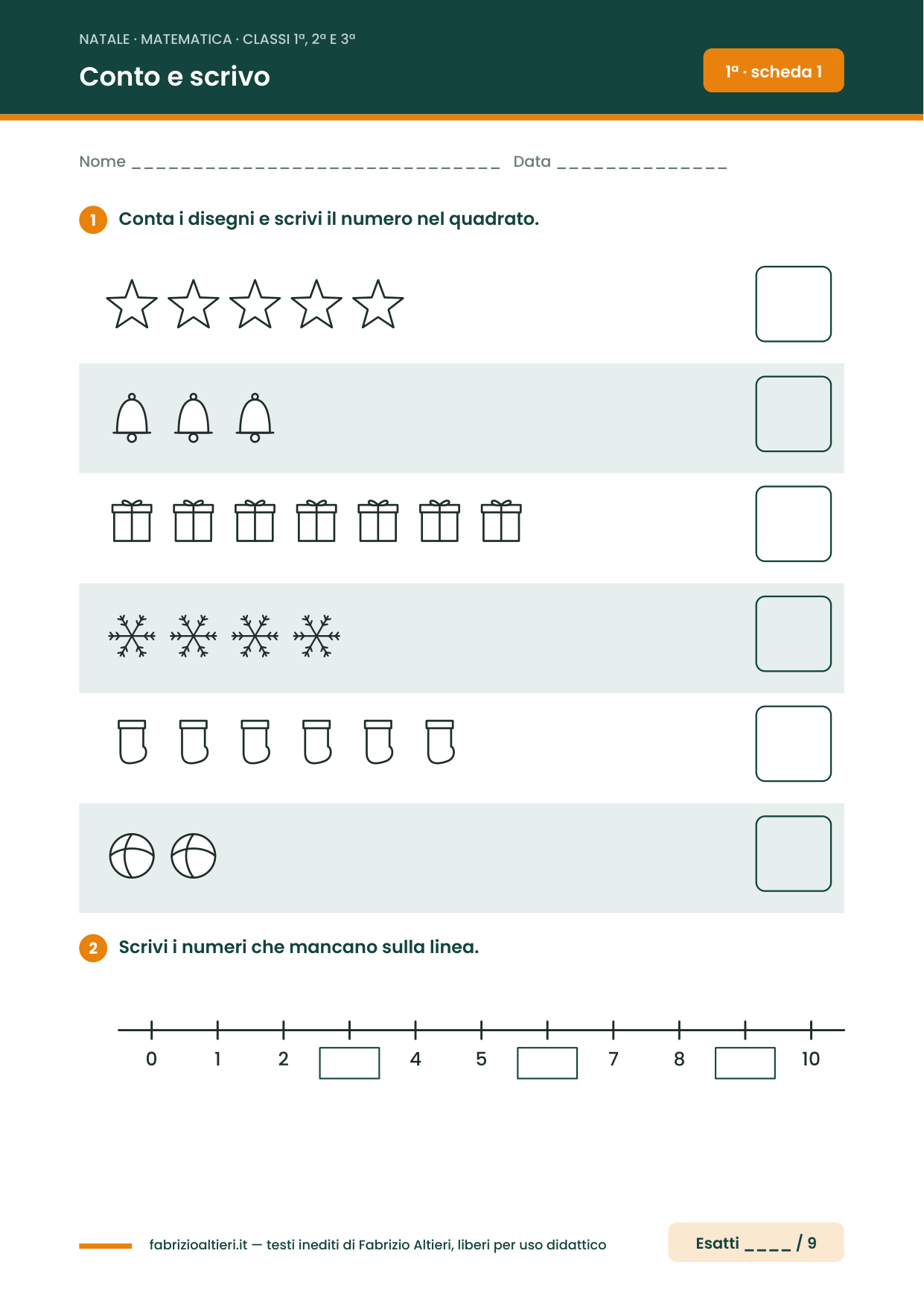 Schede di Natale di matematica classe prima da stampare: conta i disegni, scrivi il numero e completa la linea dei numeri