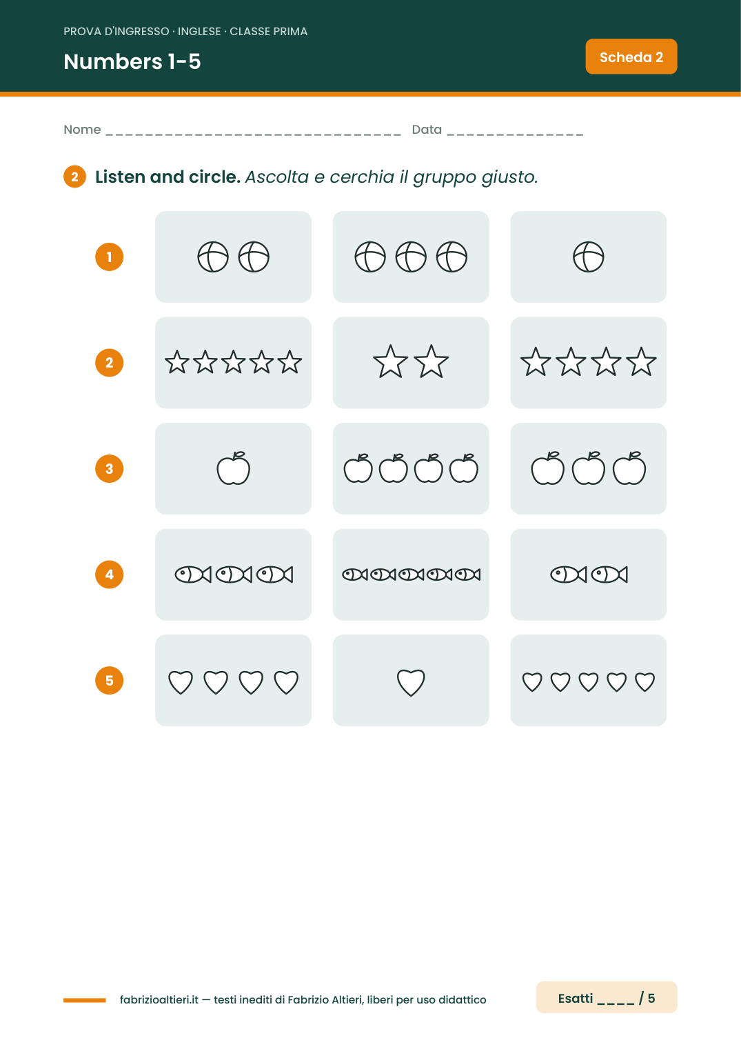 Prova d'ingresso di inglese per la classe prima, scheda di ascolto sui numeri da 1 a 5