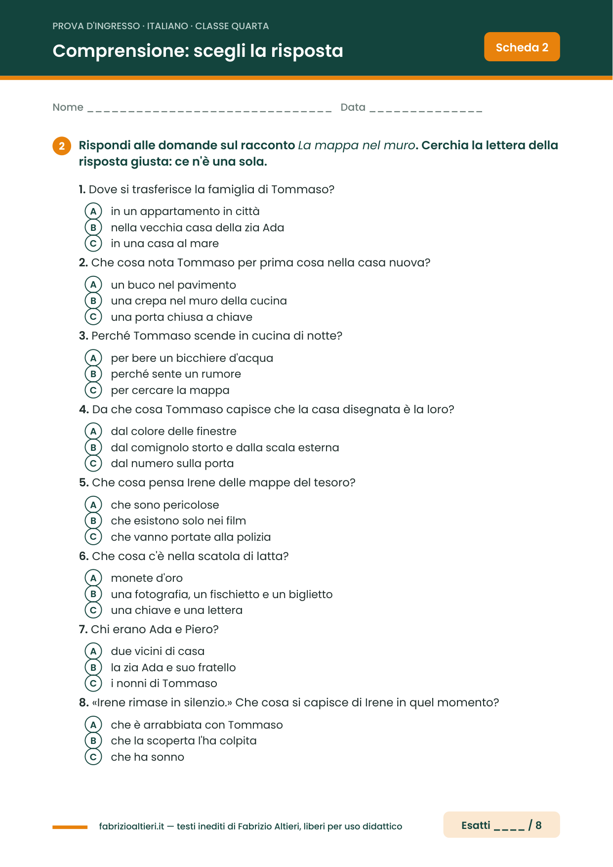 Prova d'ingresso di italiano per la classe quarta, scheda di comprensione del testo con domande a scelta multipla