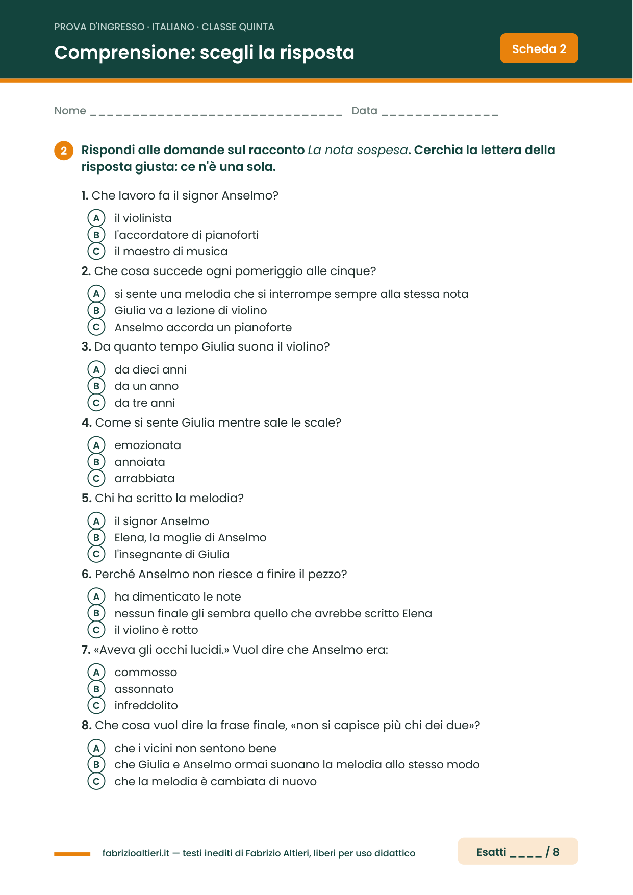 Prova d'ingresso di italiano per la classe quinta, scheda di comprensione del testo con domande a scelta multipla