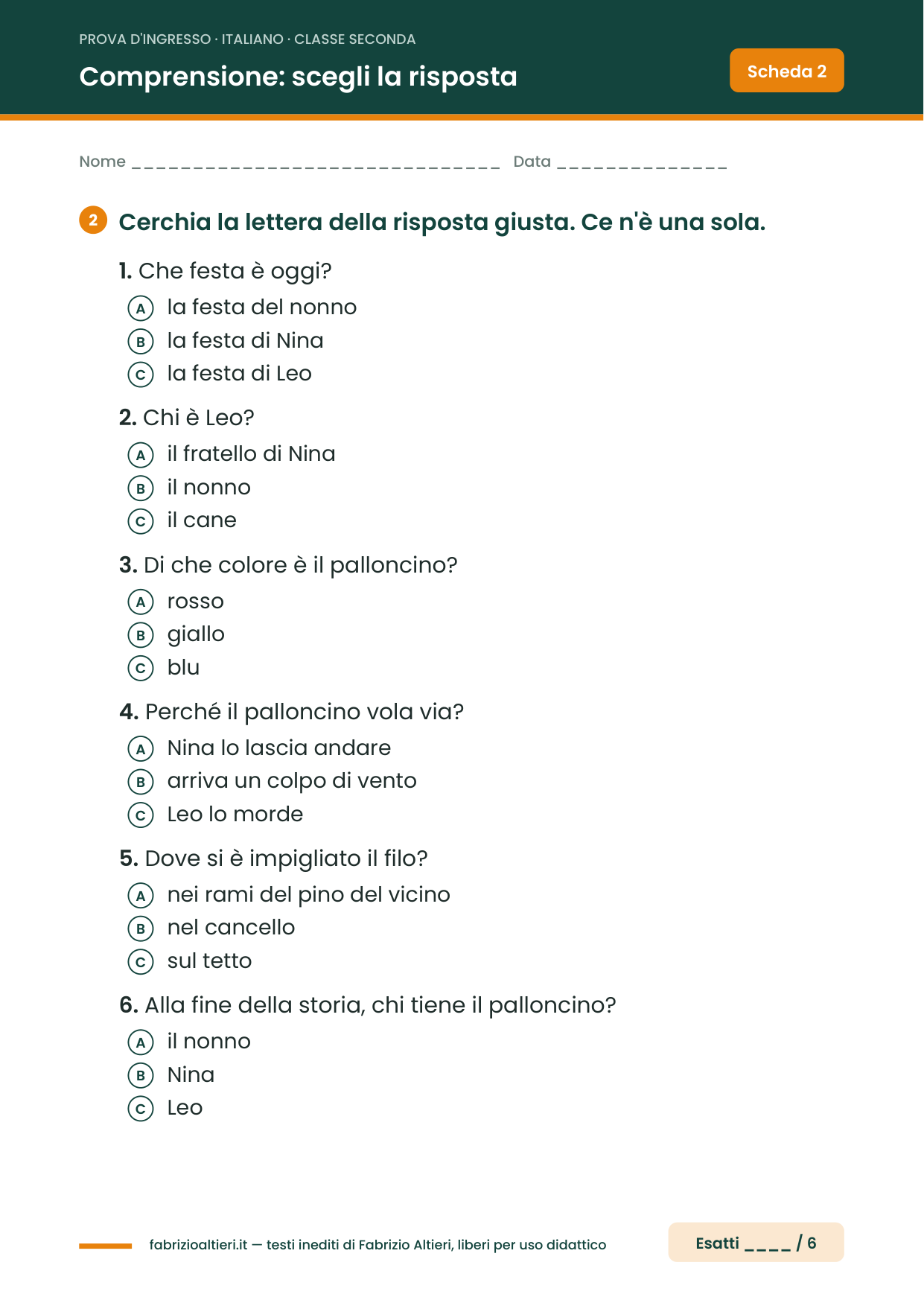 Prova d'ingresso di italiano per la classe seconda, scheda di comprensione del testo con domande a scelta multipla