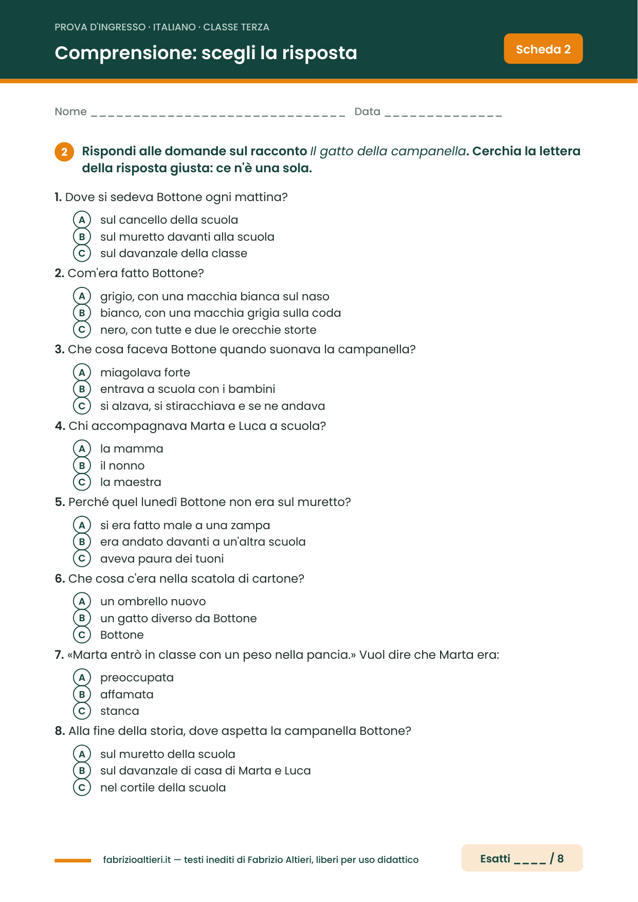 Prova d'ingresso di italiano per la classe terza, scheda di comprensione del testo con domande a scelta multipla