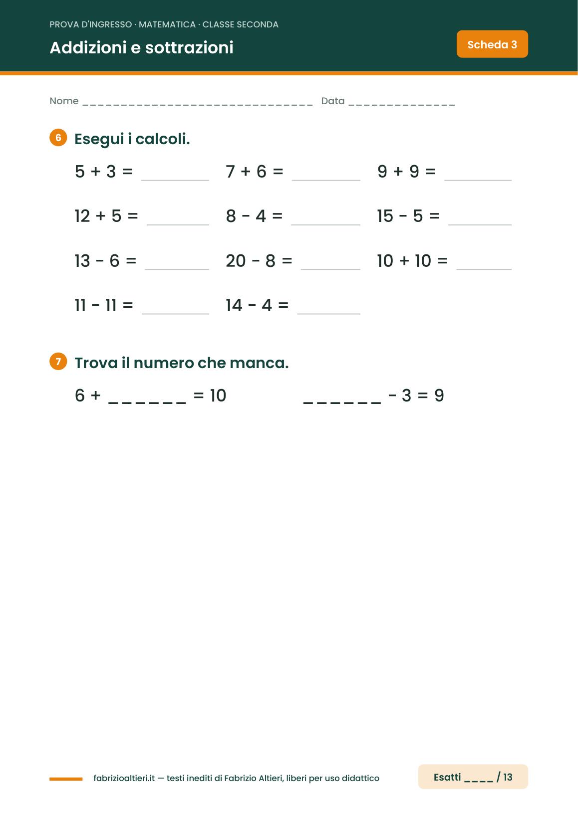 Prova d'ingresso di matematica per la classe seconda, scheda di addizioni e sottrazioni entro il 20