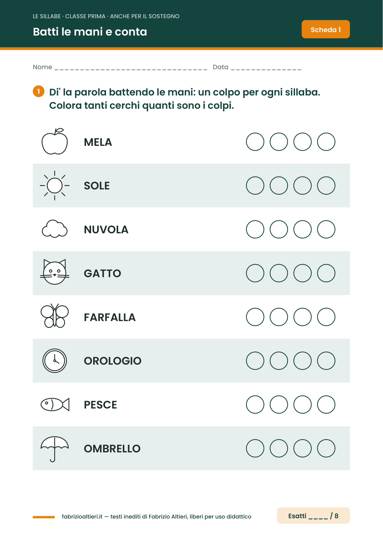 Schede sulle sillabe classe prima: batti le mani e colora un cerchio per ogni sillaba