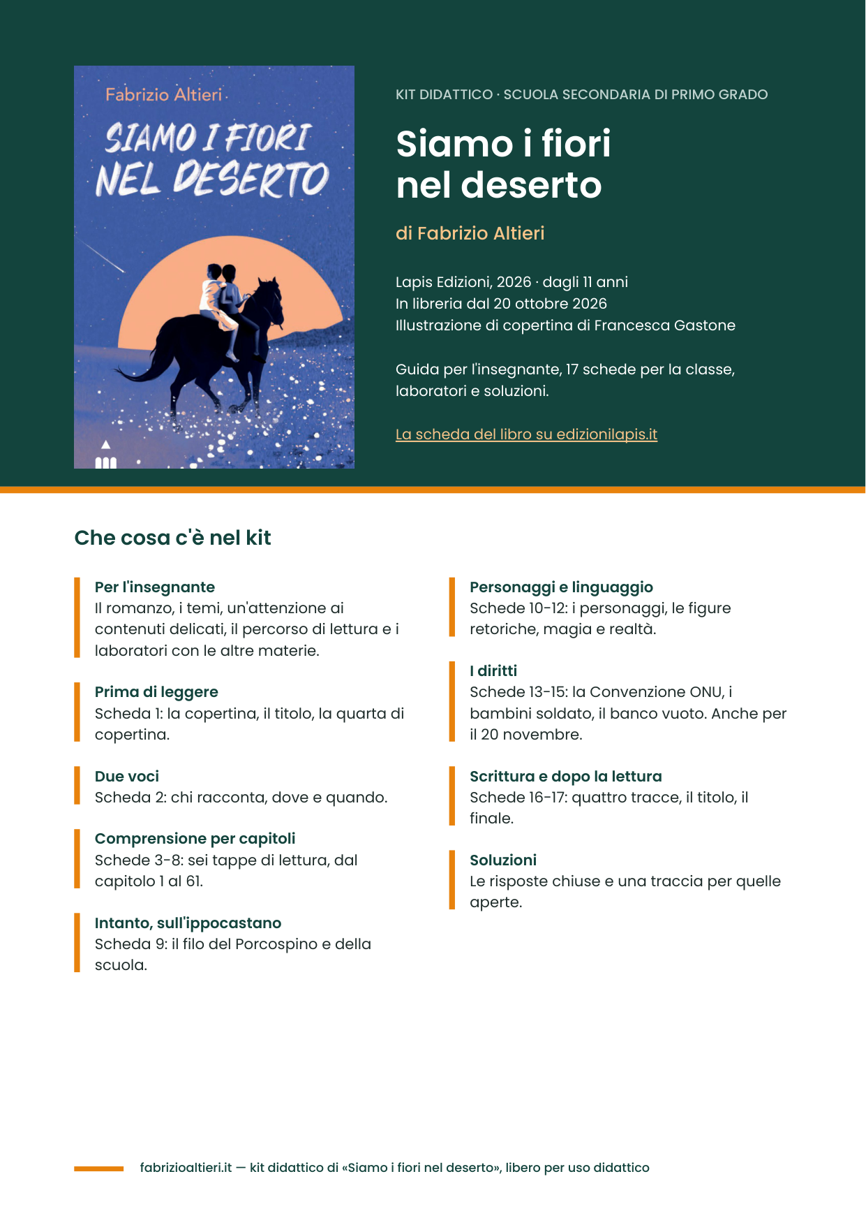 Kit didattico di Siamo i fiori nel deserto per la scuola media, prima pagina