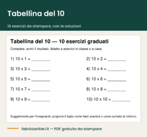 Tabellina del 10 da stampare in PDF, scheda con 10 esercizi e soluzioni