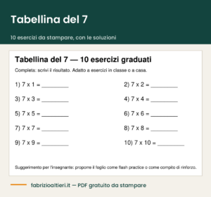 Tabellina del 7 da stampare in PDF, scheda con 10 esercizi e soluzioni