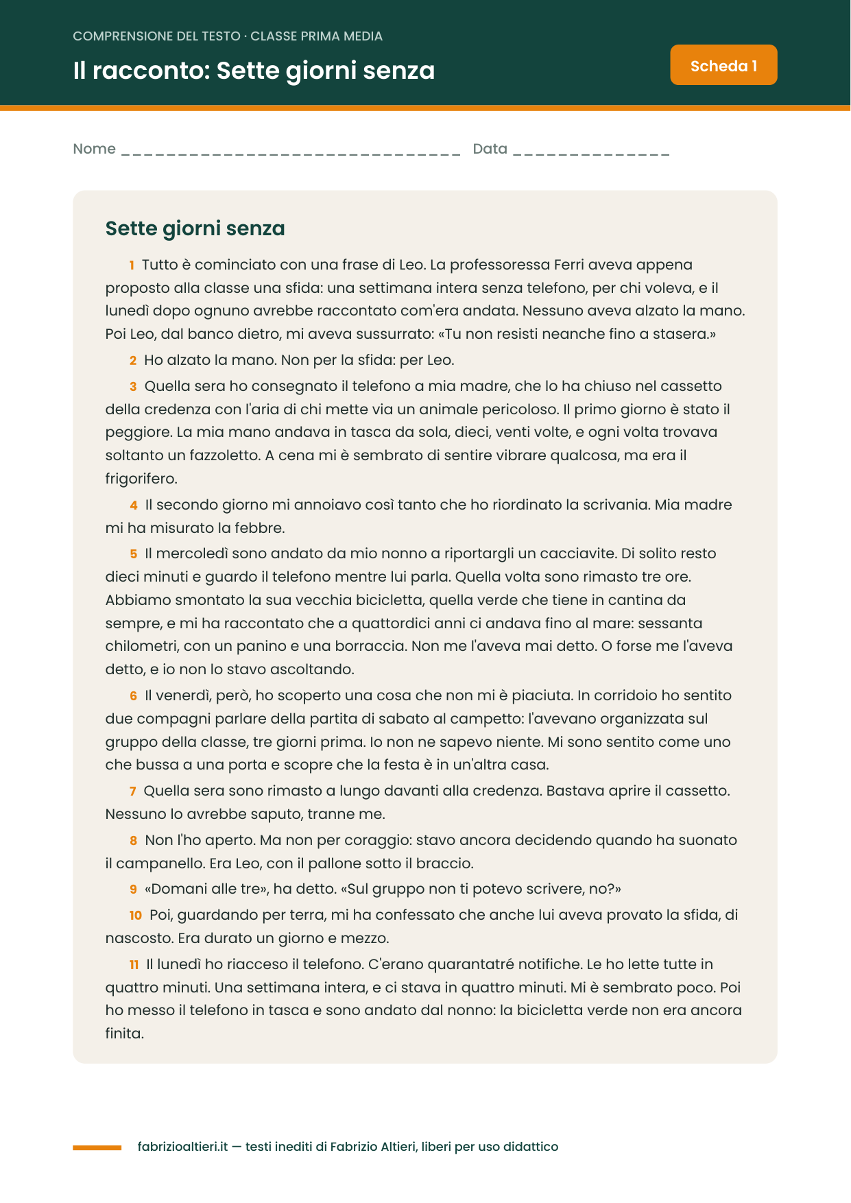 Comprensione del testo prima media in PDF: il racconto Sette giorni senza, con i paragrafi numerati