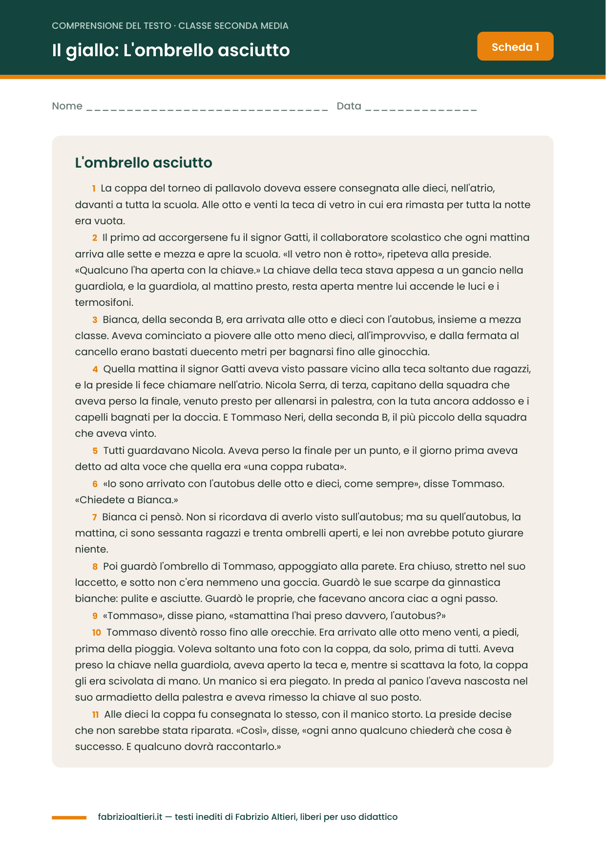 Comprensione del testo seconda media in PDF: il racconto giallo L'ombrello asciutto
