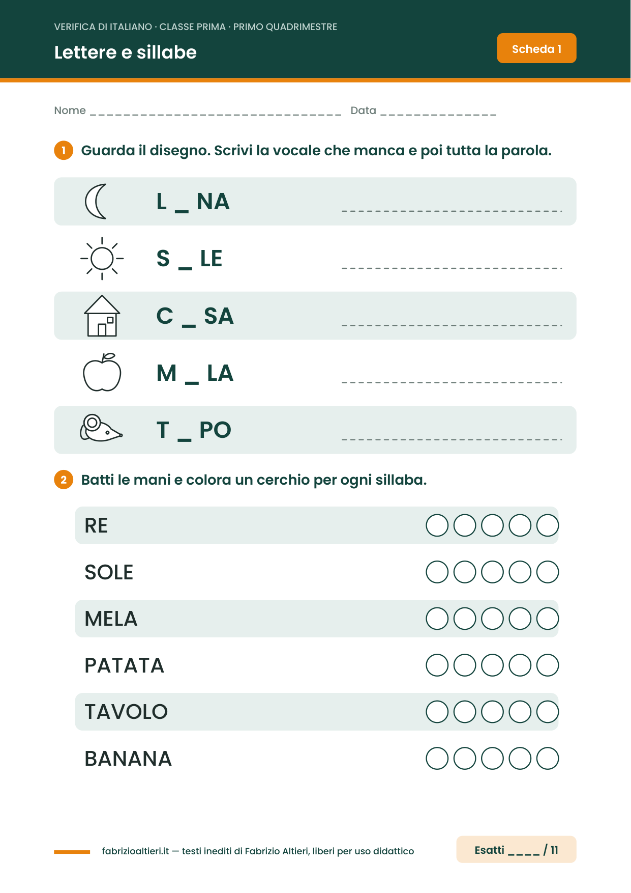 Verifica di italiano prima elementare primo quadrimestre: vocali e sillabe
