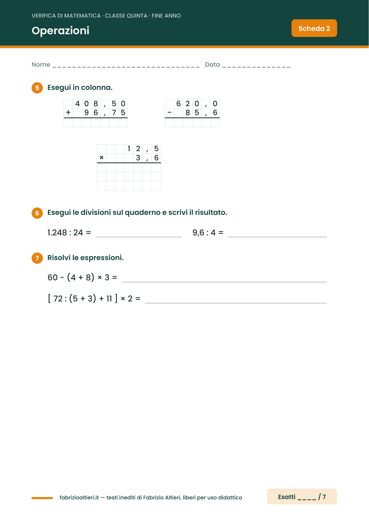 Verifica di matematica quinta elementare con soluzioni: operazioni in colonna con i decimali ed espressioni