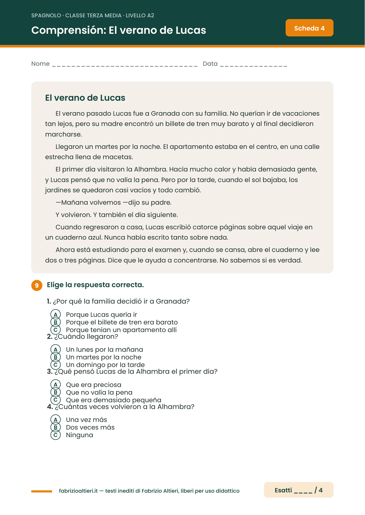 Verifica di spagnolo terza media con soluzioni in PDF: il testo di comprensione El verano de Lucas