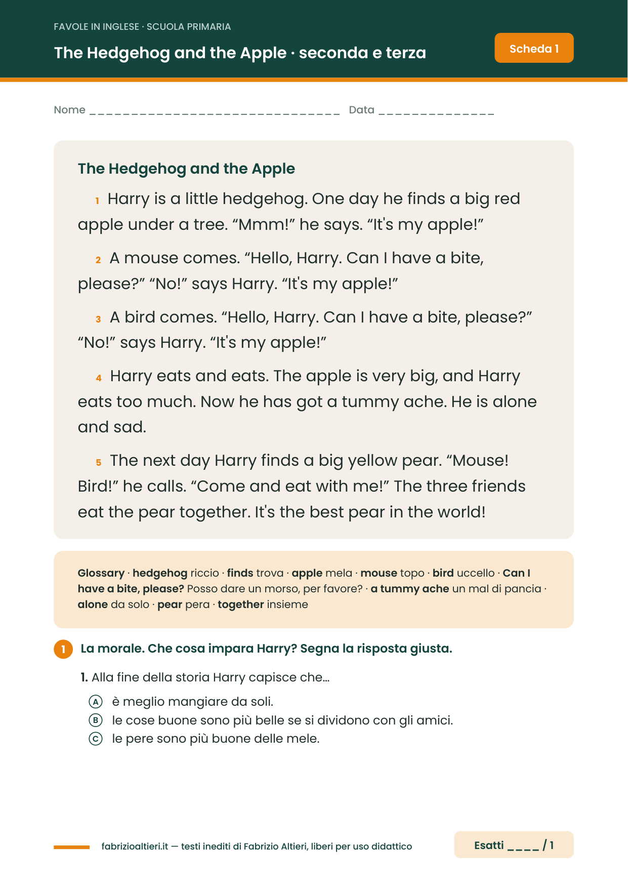 Favola in inglese per bambini: The Hedgehog and the Apple, con glossario e domanda sulla morale