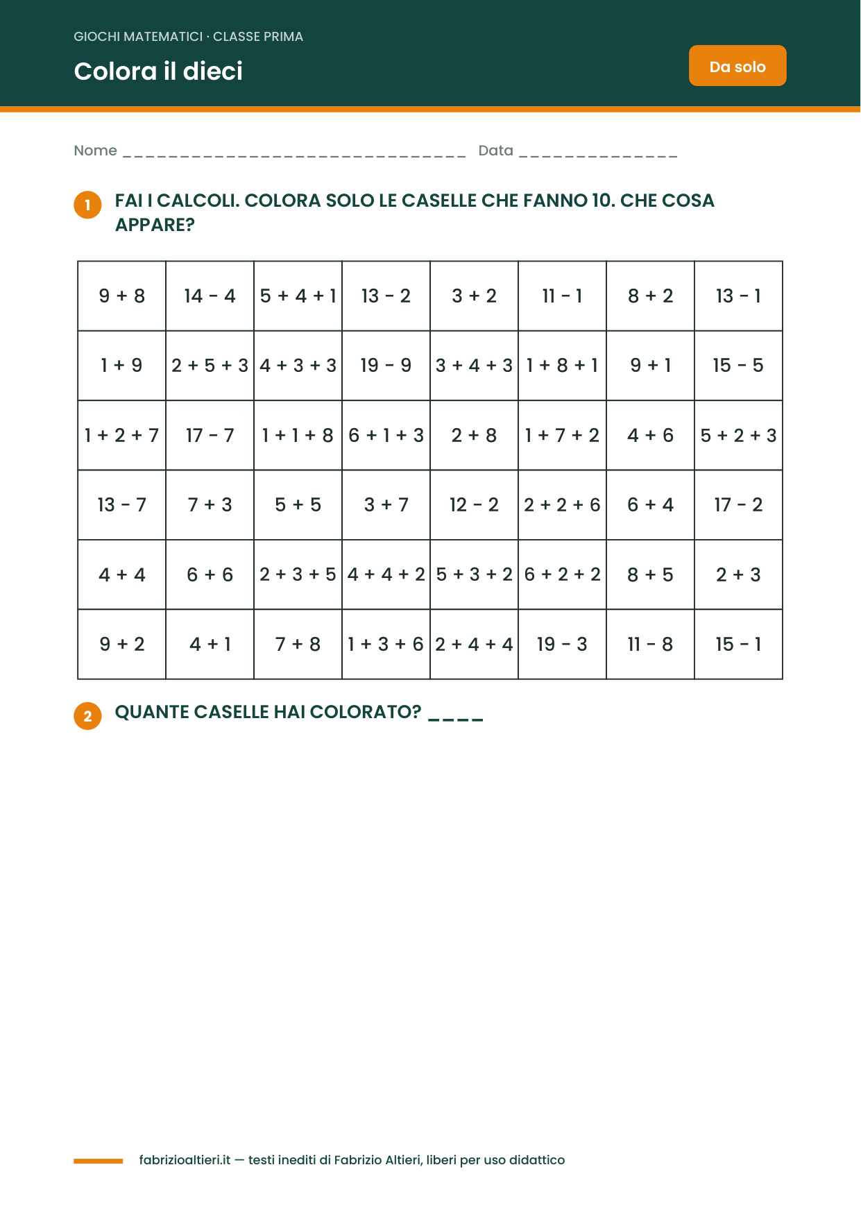 Giochi matematici classe prima: colora le caselle che fanno 10