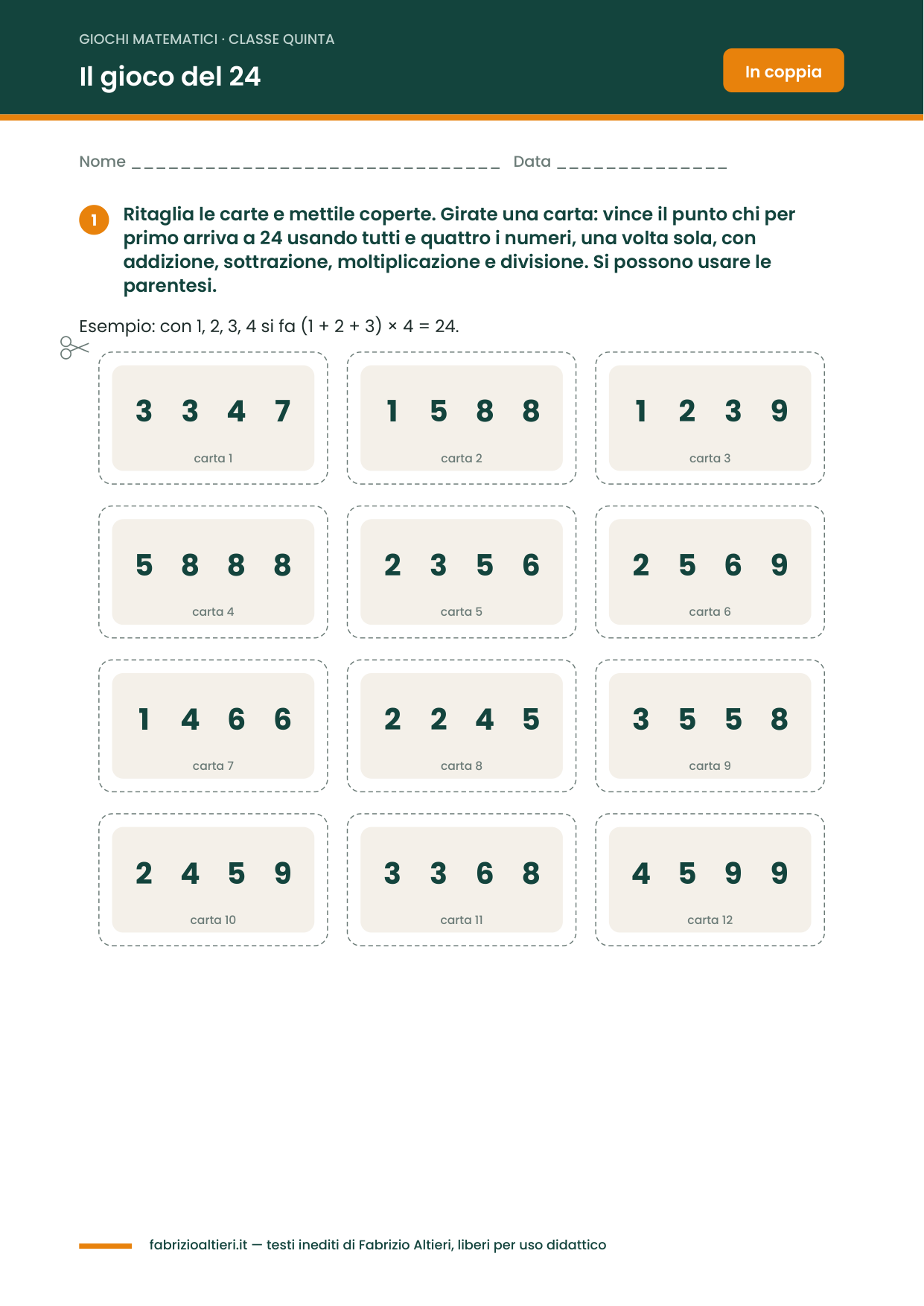 Giochi matematici classe quinta: il gioco del 24 con le carte