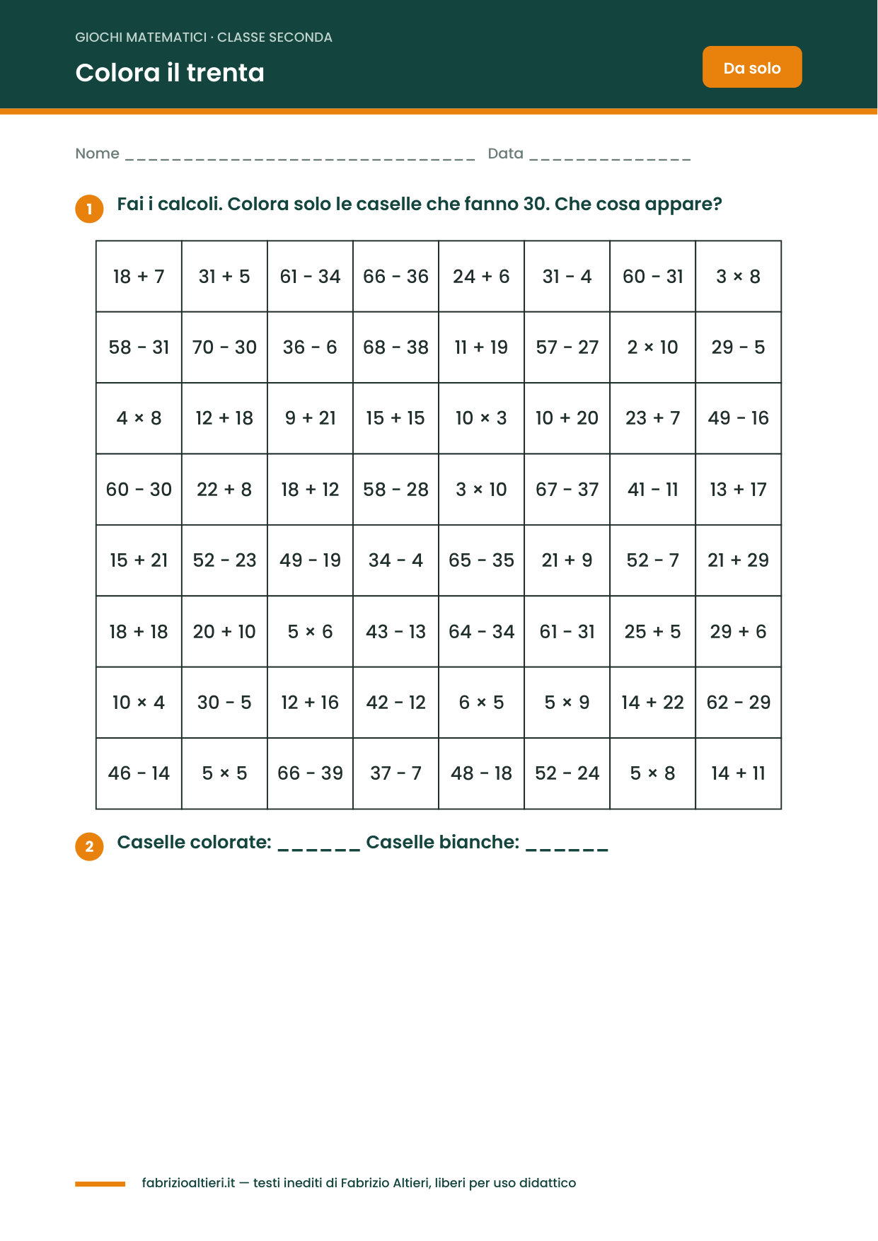 Giochi matematici classe seconda: colora le caselle che fanno 30
